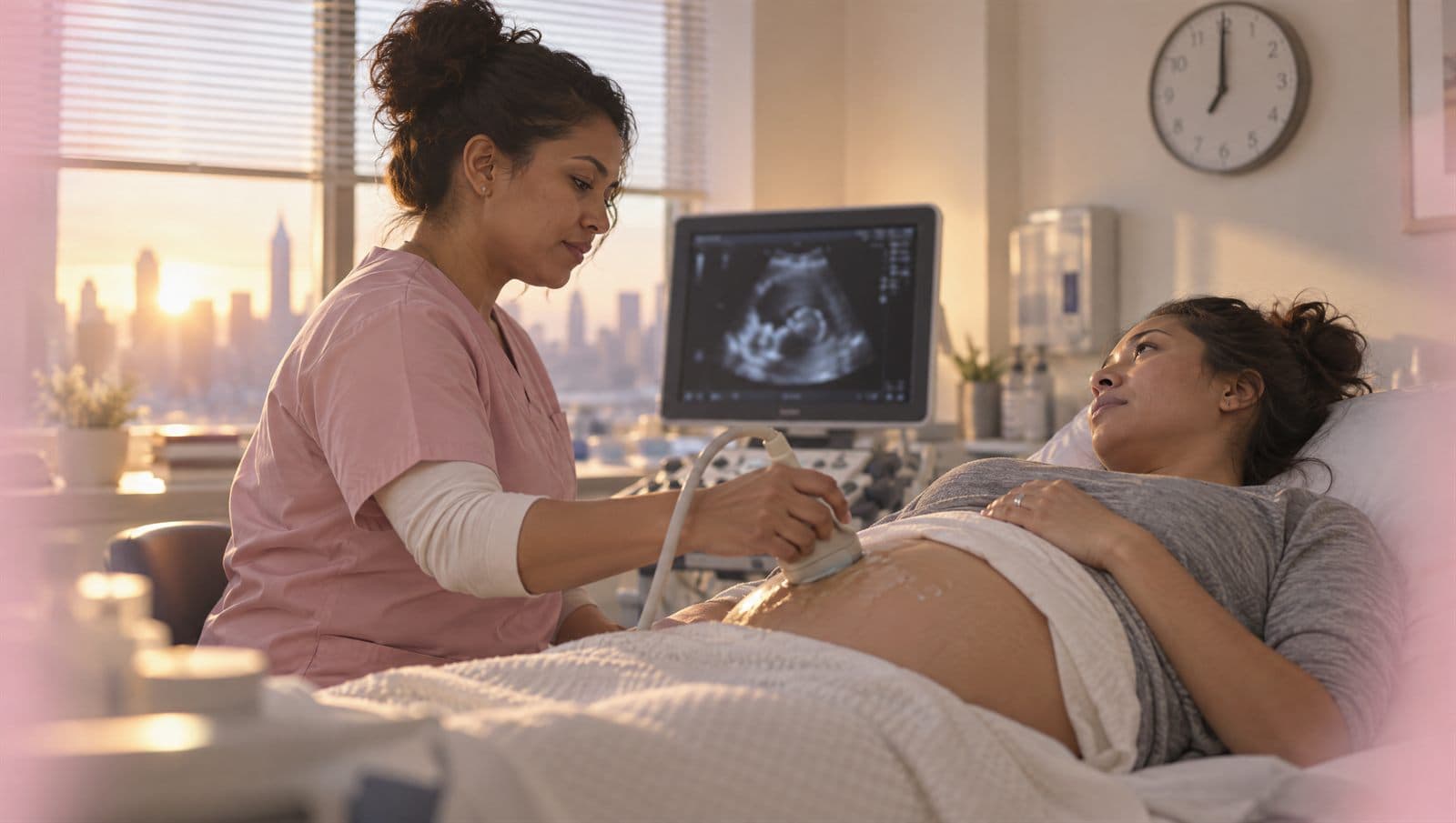 A sonographer performing an ultrasound for a patient during a monitoring visit