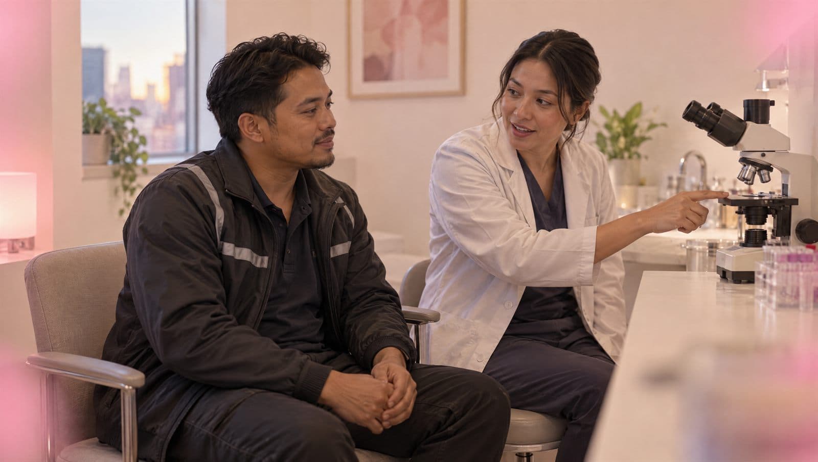 A lab technician showing a patient his sample under the microscope